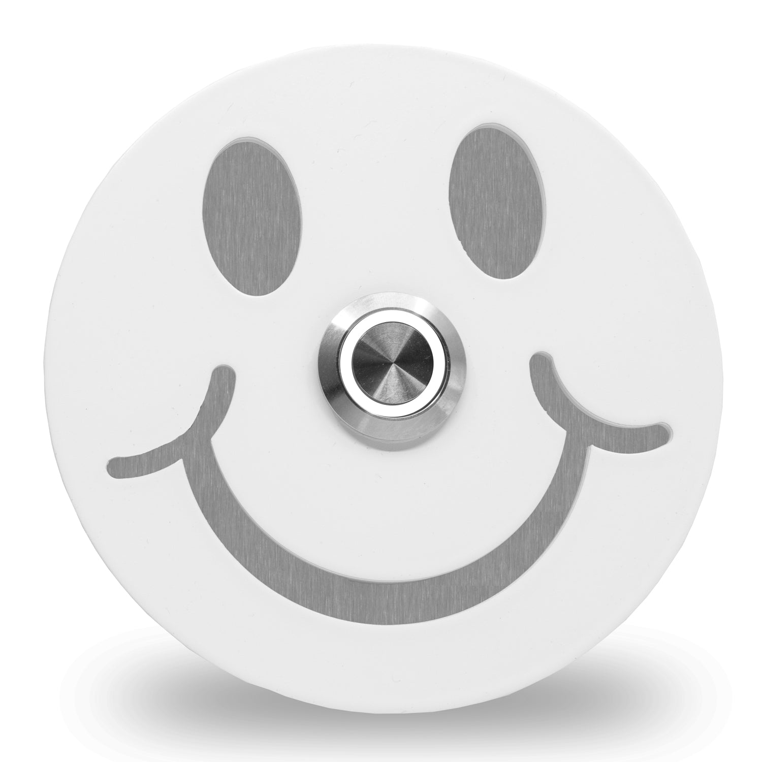 Weiße runde Smiley Türklingel mit Augen und Mund aus gebürstetem Edelstahl sowie weiß beleuchtetem Klingeltaster
