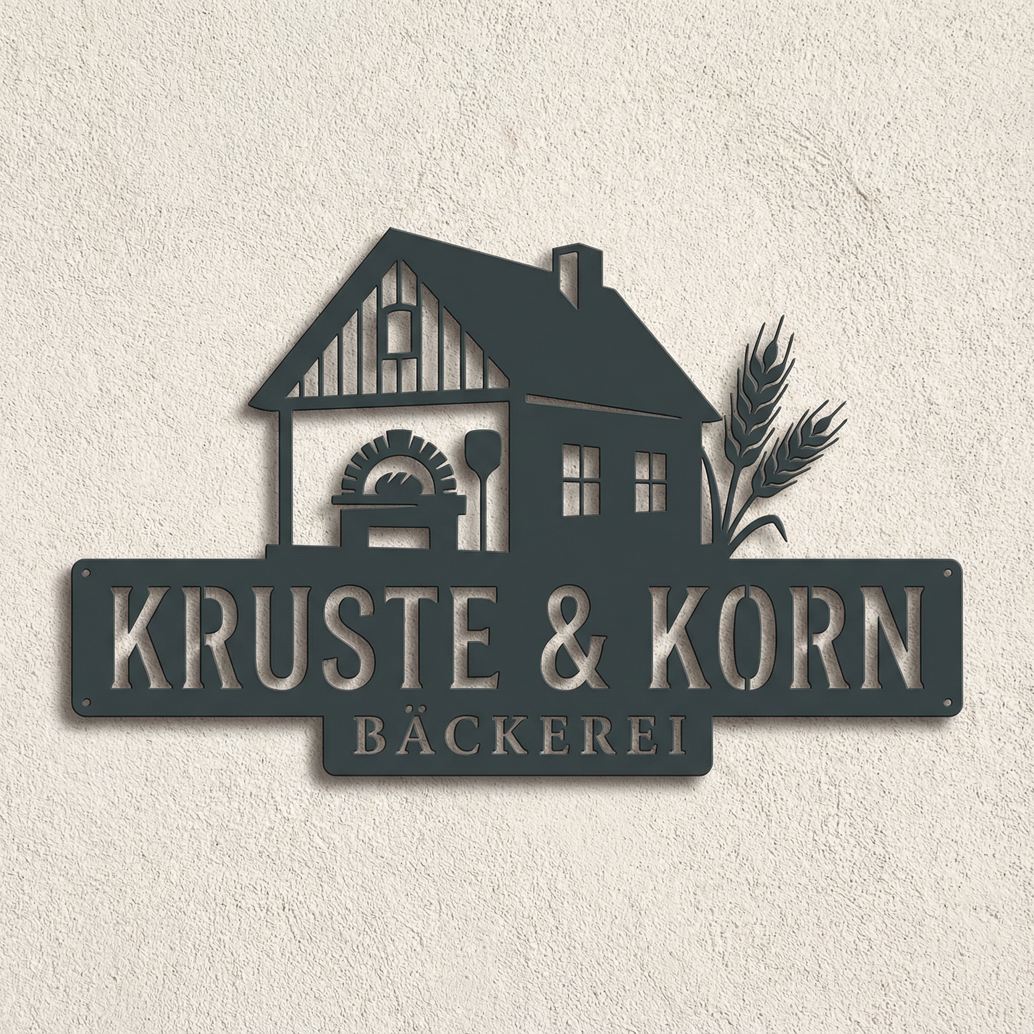 Firmenschild aus V2A Edelstahl an Putzwand, Bäckerei-Logo mit Hausmotiv und Text „Kruste & Korn“