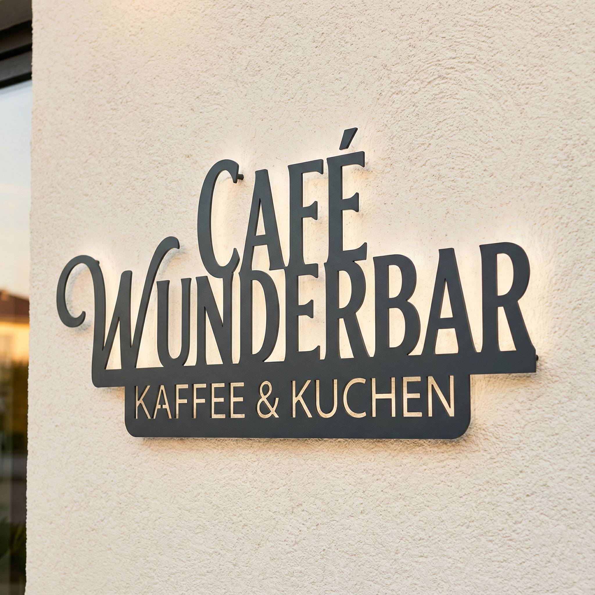 Firmenschild aus V2A Edelstahl an Hauswand, Schriftzug „Café Wunderbar – Kaffee & Kuchen“