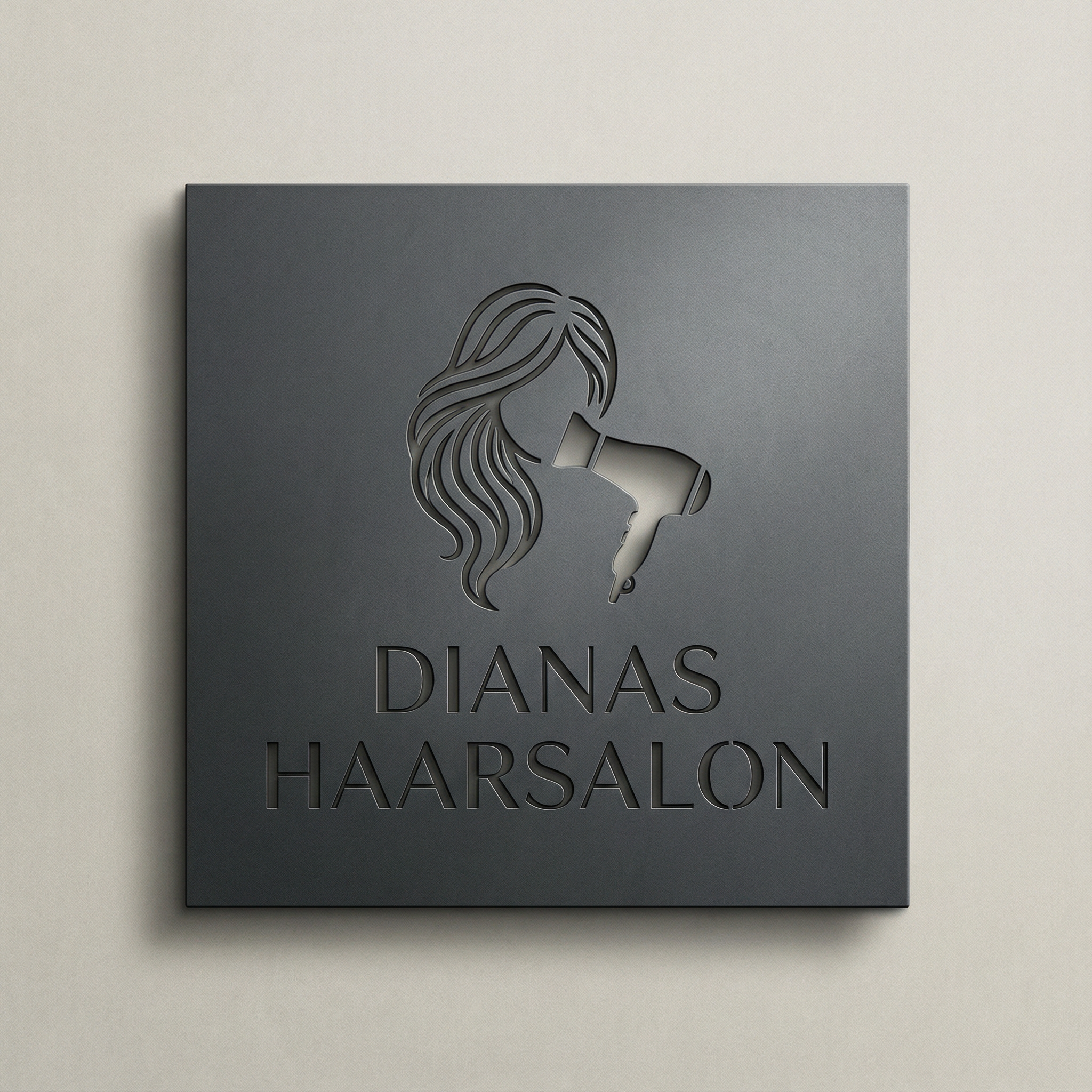 Quadratisches Firmenschild aus V2A Edelstahl in Anthrazit, Logo und Text „Dianas Haarsalon“