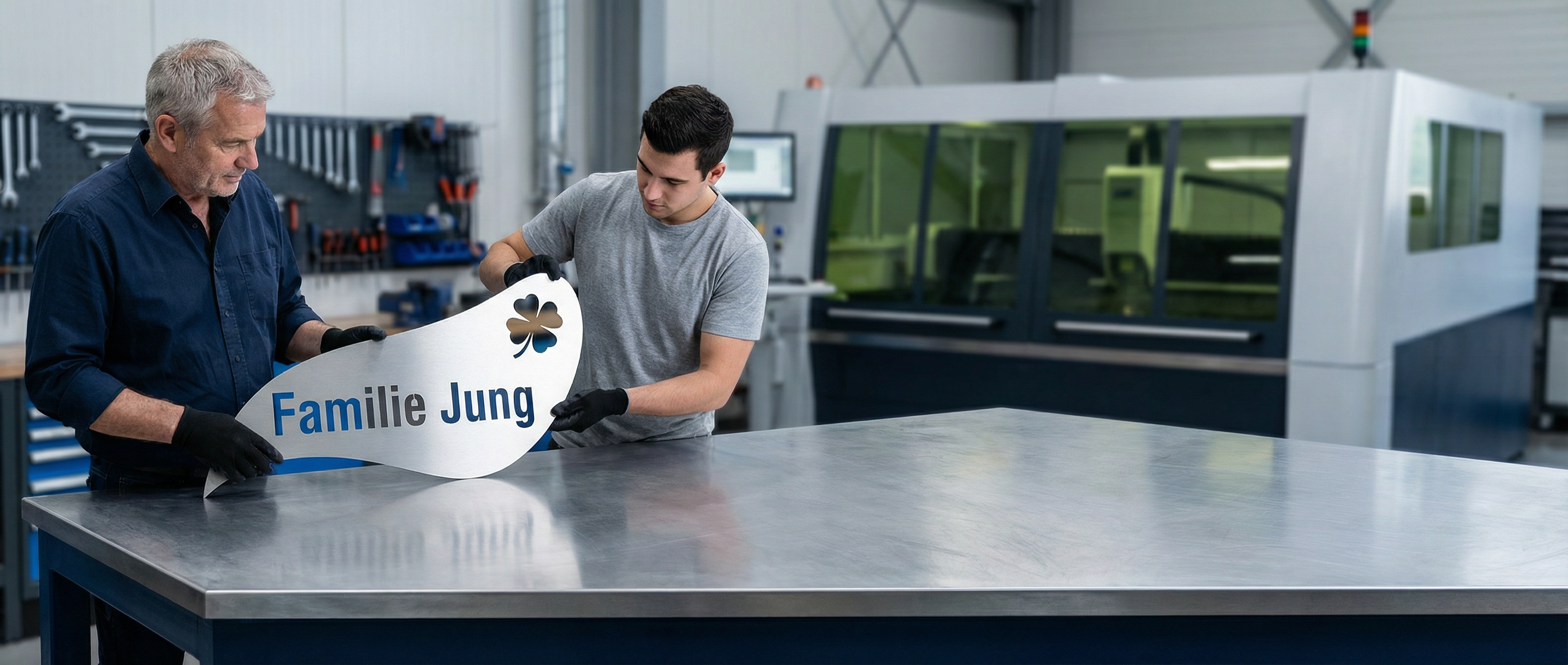 Manufaktur-Szene: Zwei Mitarbeiter halten ein großes V2A Edelstahlschild „Familie Jung“ in der Werkstatt vor dem Laser
