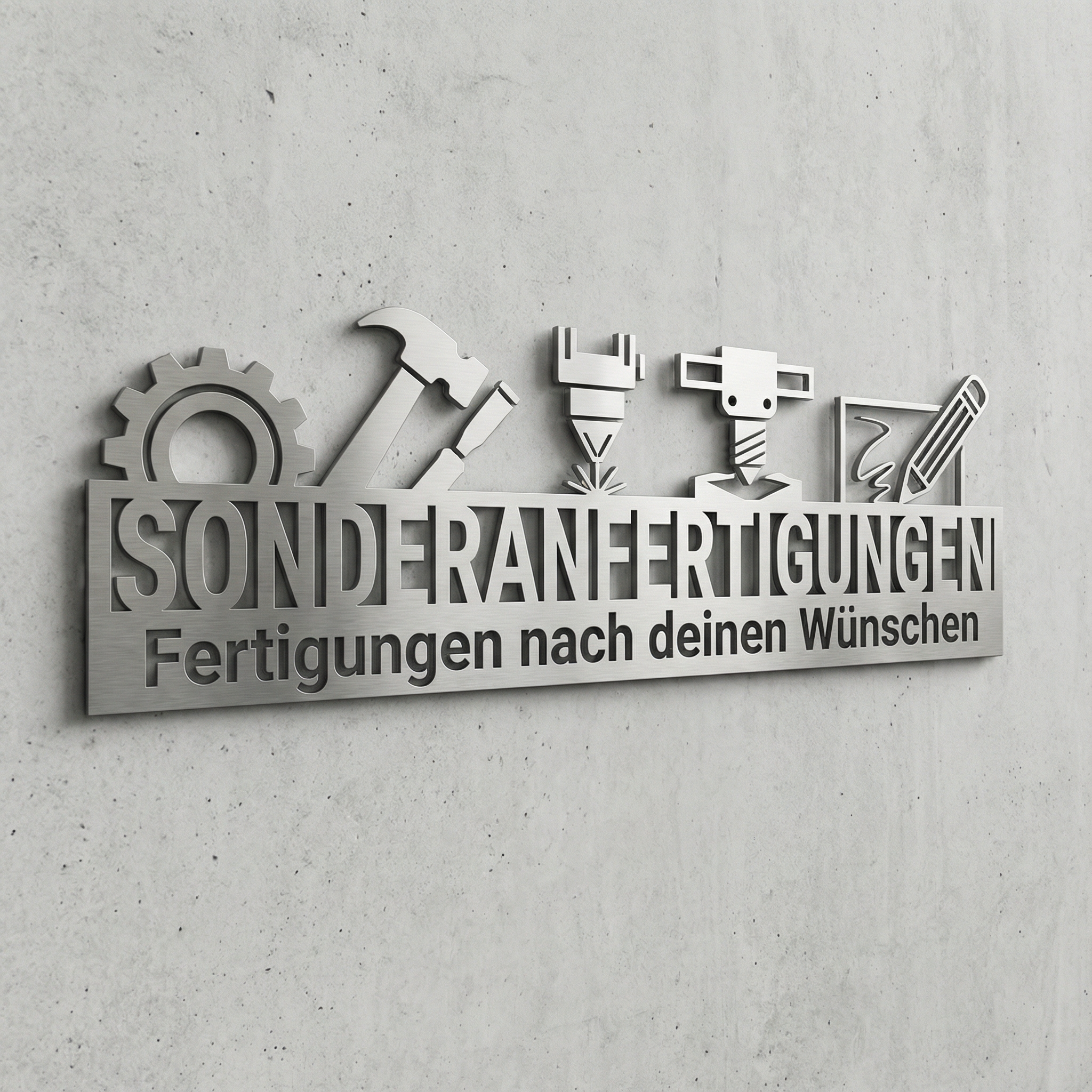 Dekoratives Wandschild aus V2A Edelstahl mit Werkzeugsymbolen und Text „Sonderanfertigungen – Fertigungen nach deinen Wünschen“ auf Betonwand
