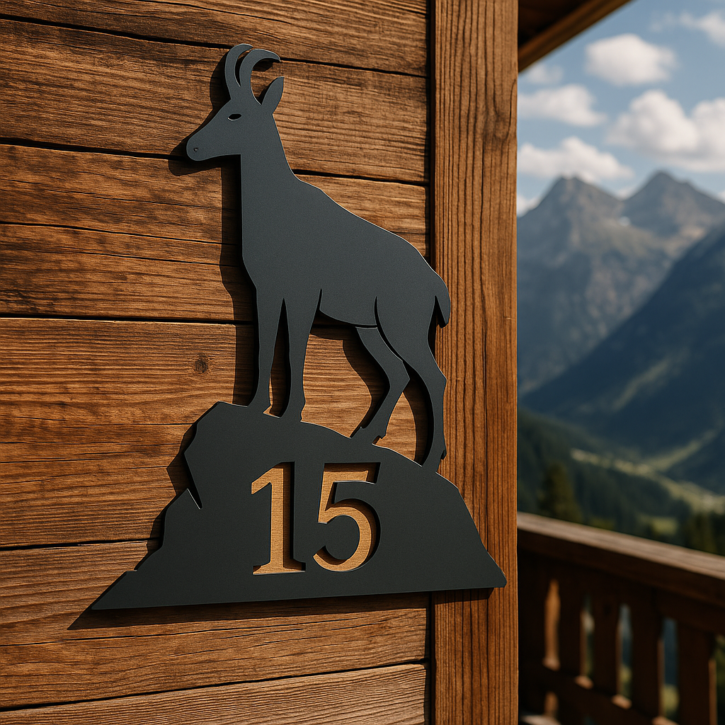 Anthrazitfarbene Edelstahl-Hausnummer mit Steinbock an Holzwand eines Chalets mit Alpenblick