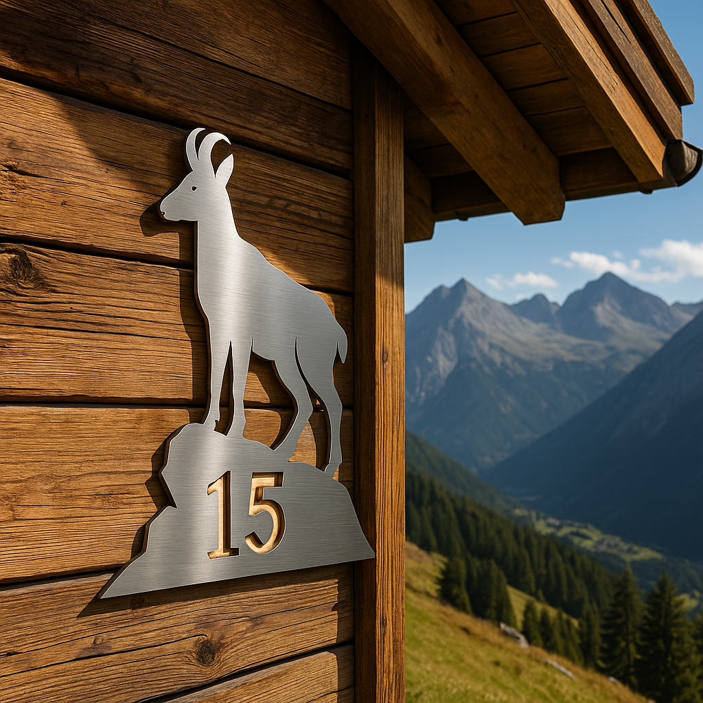 Edelstahl-Hausnummer Steinbock an Holzwand im Sonnenlicht mit Alpenhintergrund