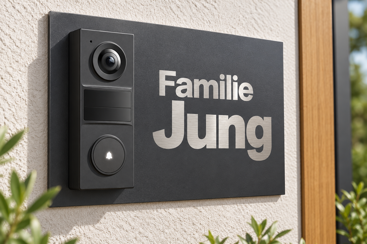 Detail-Designvisualisierung: vorstehende Tapo D205 am dünnen anthrazitfarbenen Schild mit flacher Beschriftung aus freigelegtem geschliffenem Edelstahl