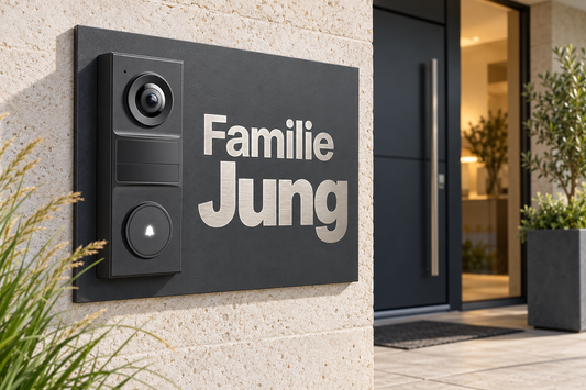 Lifestyle-Designvisualisierung: Tapo D205 mit anthrazitfarbenem Dekorschild RAL 7016 und silberner Edelstahlbeschriftung rechts