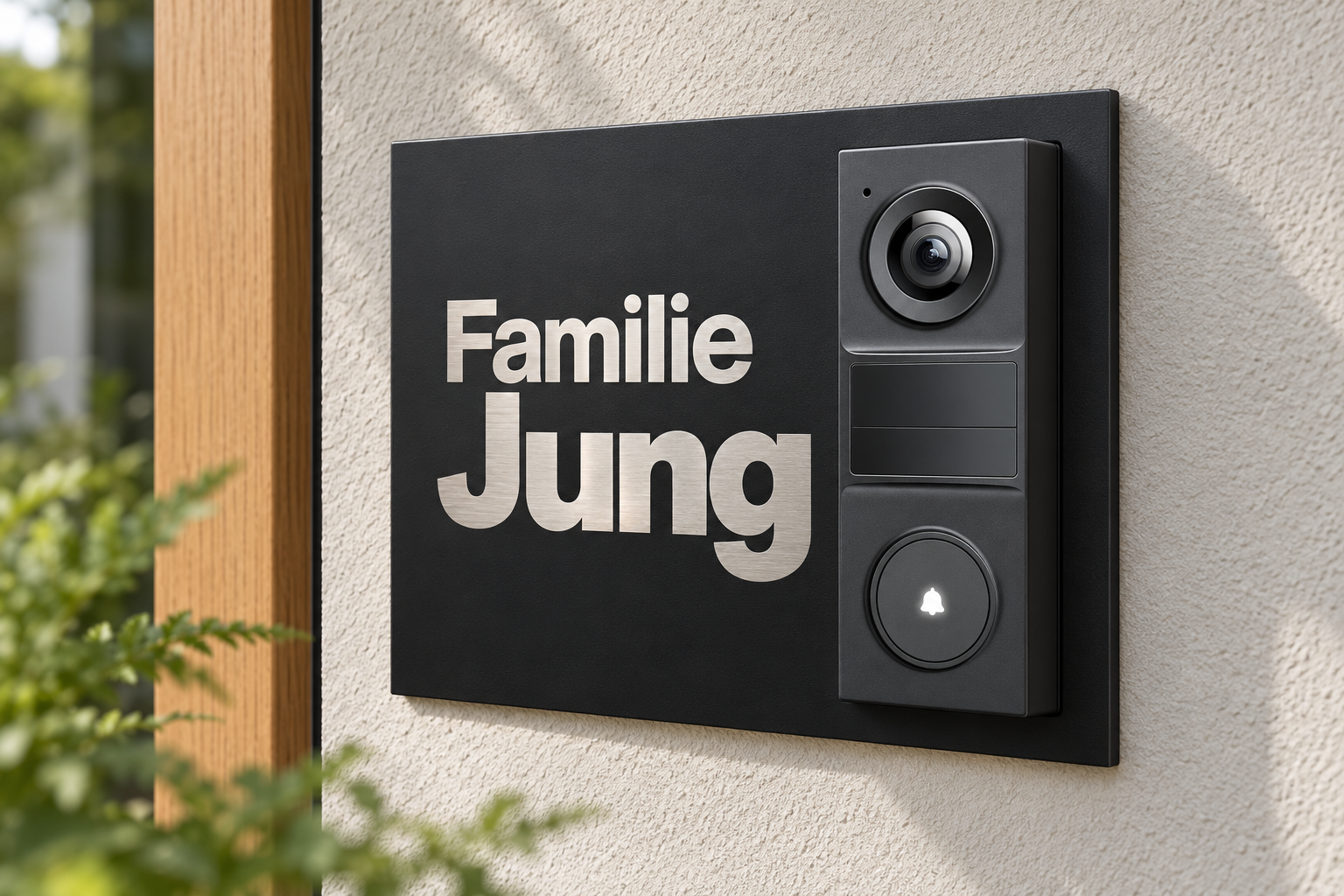 Lifestyle-Designvisualisierung: schwarzes Tapo-D205-Dekorschild RAL 9005 mit silberner Edelstahlbeschriftung links