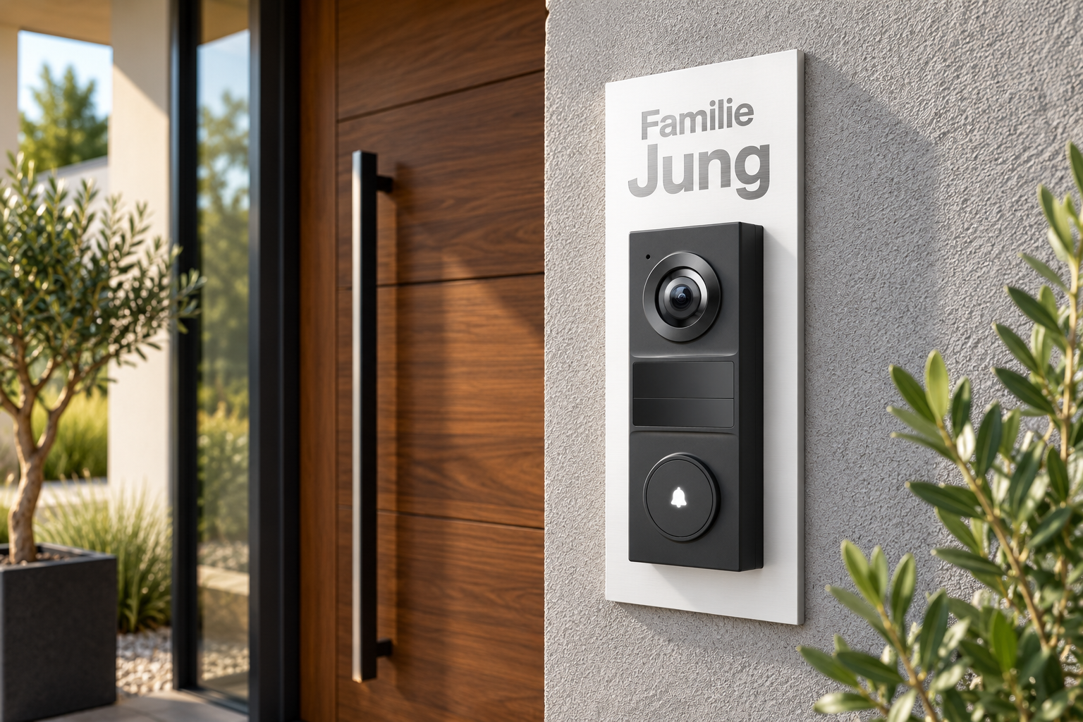 Lifestyle-Designvisualisierung: weißes Tapo-D205-Dekorschild RAL 9016 im Hochformat mit silberner Edelstahlbeschriftung oberhalb der vorstehenden Klingel