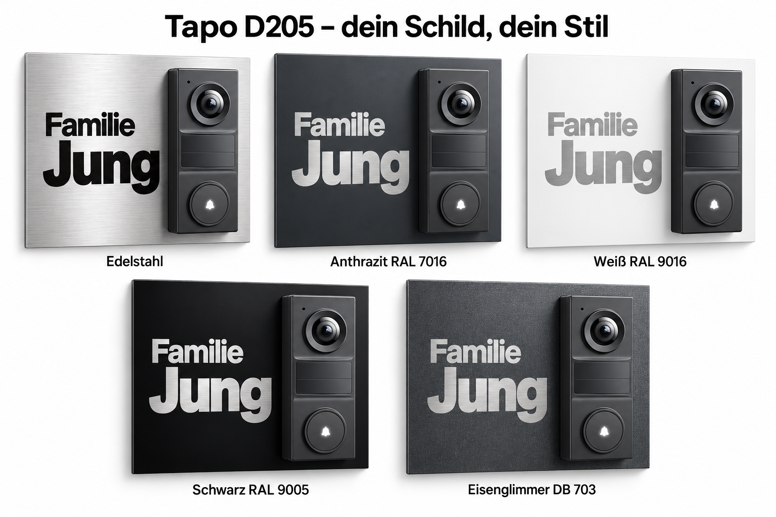 Fünf Oberflächen für Tapo-D205-Dekorschilder: Edelstahl, Anthrazit RAL 7016, Weiß RAL 9016, Schwarz RAL 9005 und Eisenglimmer DB 703