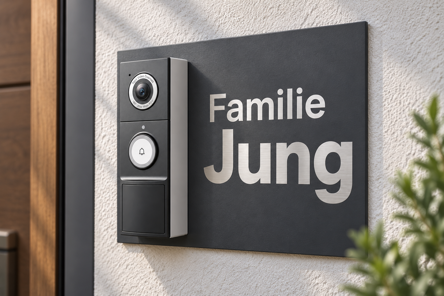 Detail-Designvisualisierung: Tapo D235 steht vor dem dünnen anthrazitfarbenen Schild, silberne Beschriftung aus freigelegtem geschliffenem Edelstahl