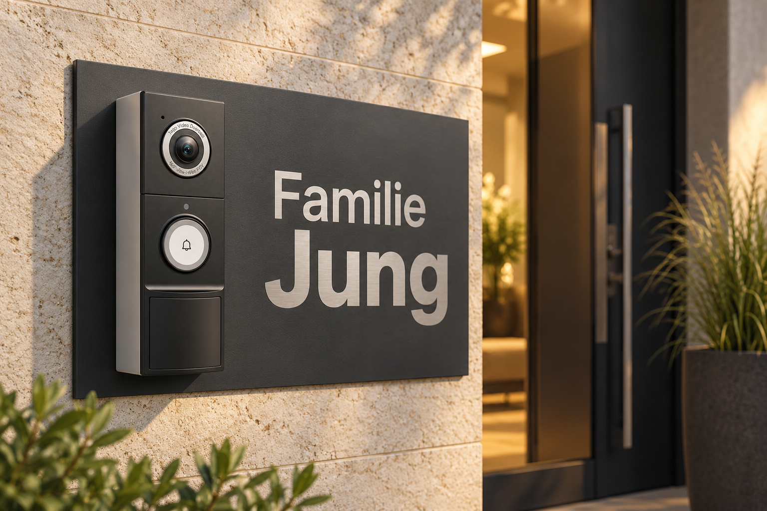 Lifestyle-Designvisualisierung: Anthrazit RAL 7016 Dekorschild mit silberner Edelstahlbeschriftung rechts neben Tapo D235