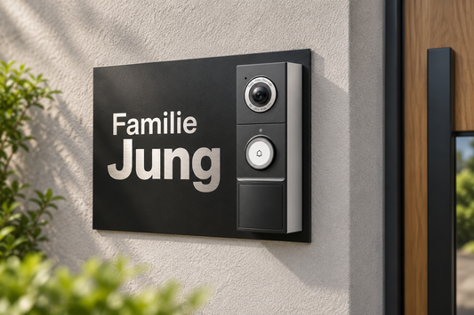 Lifestyle-Designvisualisierung: schwarzes Dekorschild RAL 9005 mit freigelegter Edelstahlbeschriftung links neben Tapo D235