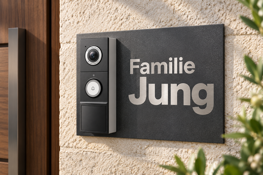 Lifestyle-Designvisualisierung: Tapo D235 Dekorschild Eisenglimmer DB 703 mit silberner Edelstahlbeschriftung rechts