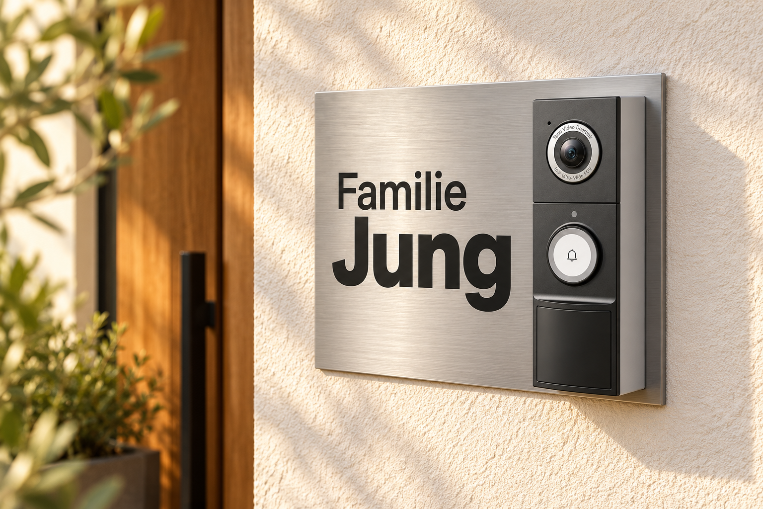 Lifestyle-Designvisualisierung: Tapo D235 vor gebürstetem Edelstahl-Dekorschild mit schwarzer Beschriftung am Hauseingang