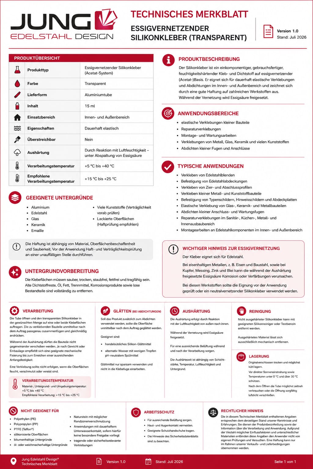Technisches Merkblatt für essigvernetzenden transparenten Silikonkleber 15 ml von Jung Edelstahl Design mit Produktübersicht, Anwendung, Verarbeitung, Essigvernetzung und Lagerung