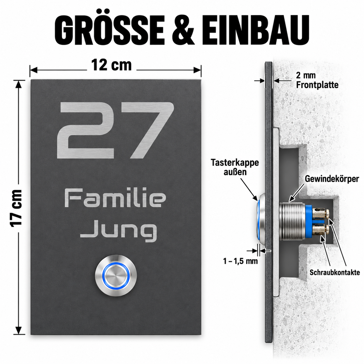 Maße 12 × 17 cm und korrekter Unterputzeinbau der Trier Türklingel