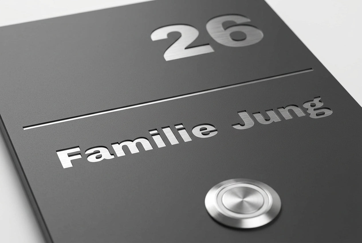 Detailaufnahme einer anthrazitfarbenen Edelstahl-Türklingel mit Hausnummer „26“, Namensgravur „Familie Jung“ und rundem Klingeltaster.