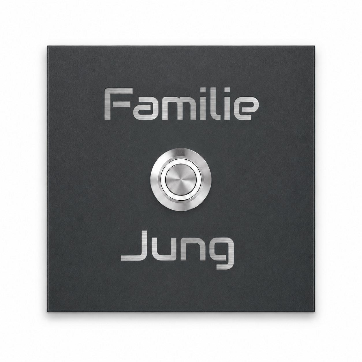 Türklingel Bochum 8 × 8 cm in Anthrazit RAL 7016 mit Lasergravur und mittigem V2A-Taster