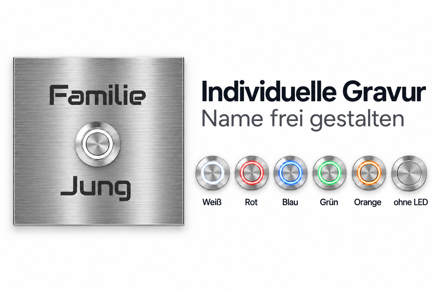 Türklingel Bochum mit Gravur, LED-Farben und rundem V2A-Taster ohne Leuchtring