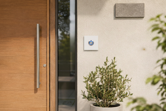 Türklingel Bochum 8 × 8 cm als Lifestyle-Aufnahme an modernem Hauseingang