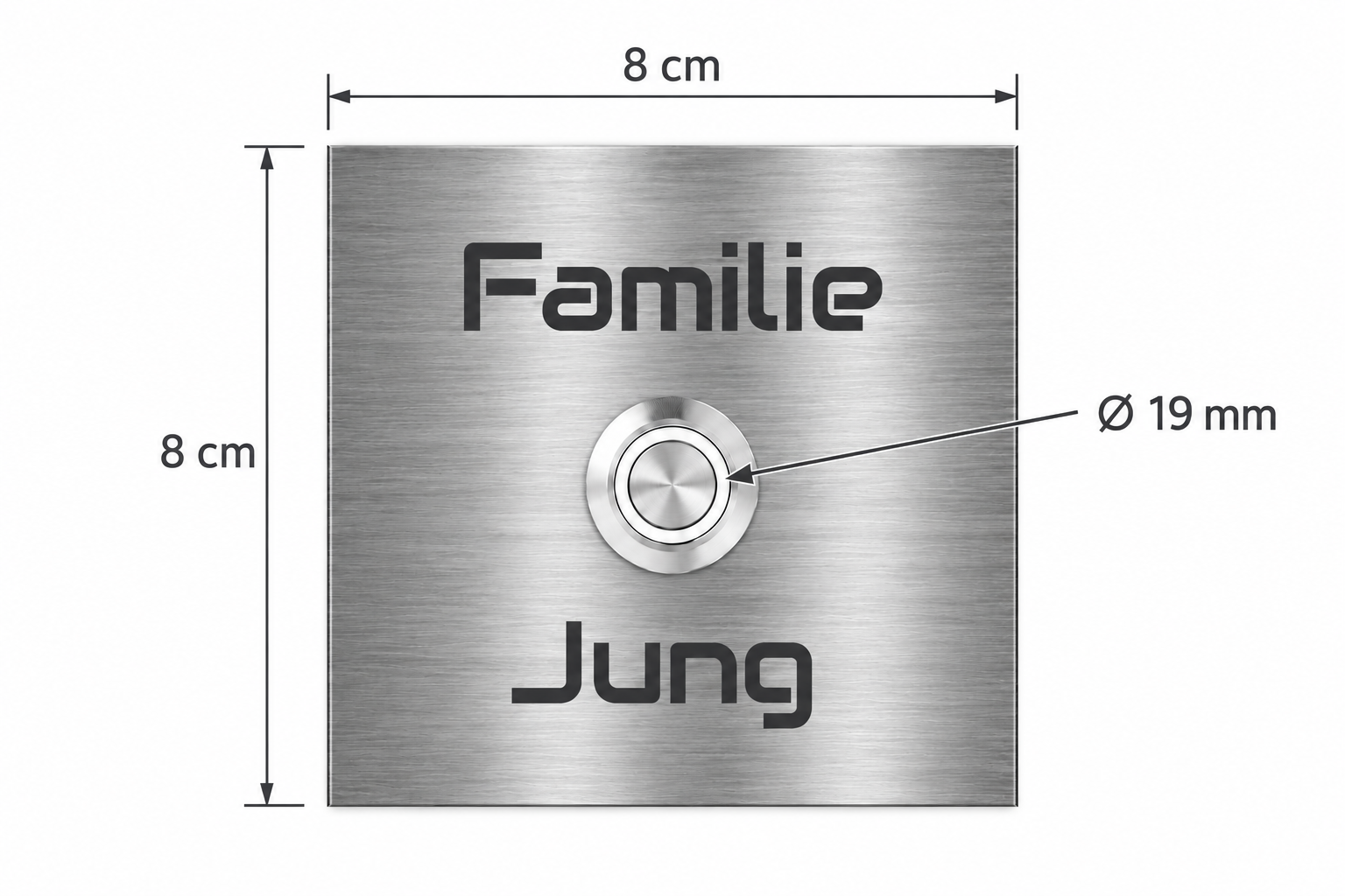 Maße der Türklingel Bochum: 8 cm × 8 cm und 19-mm-Taster