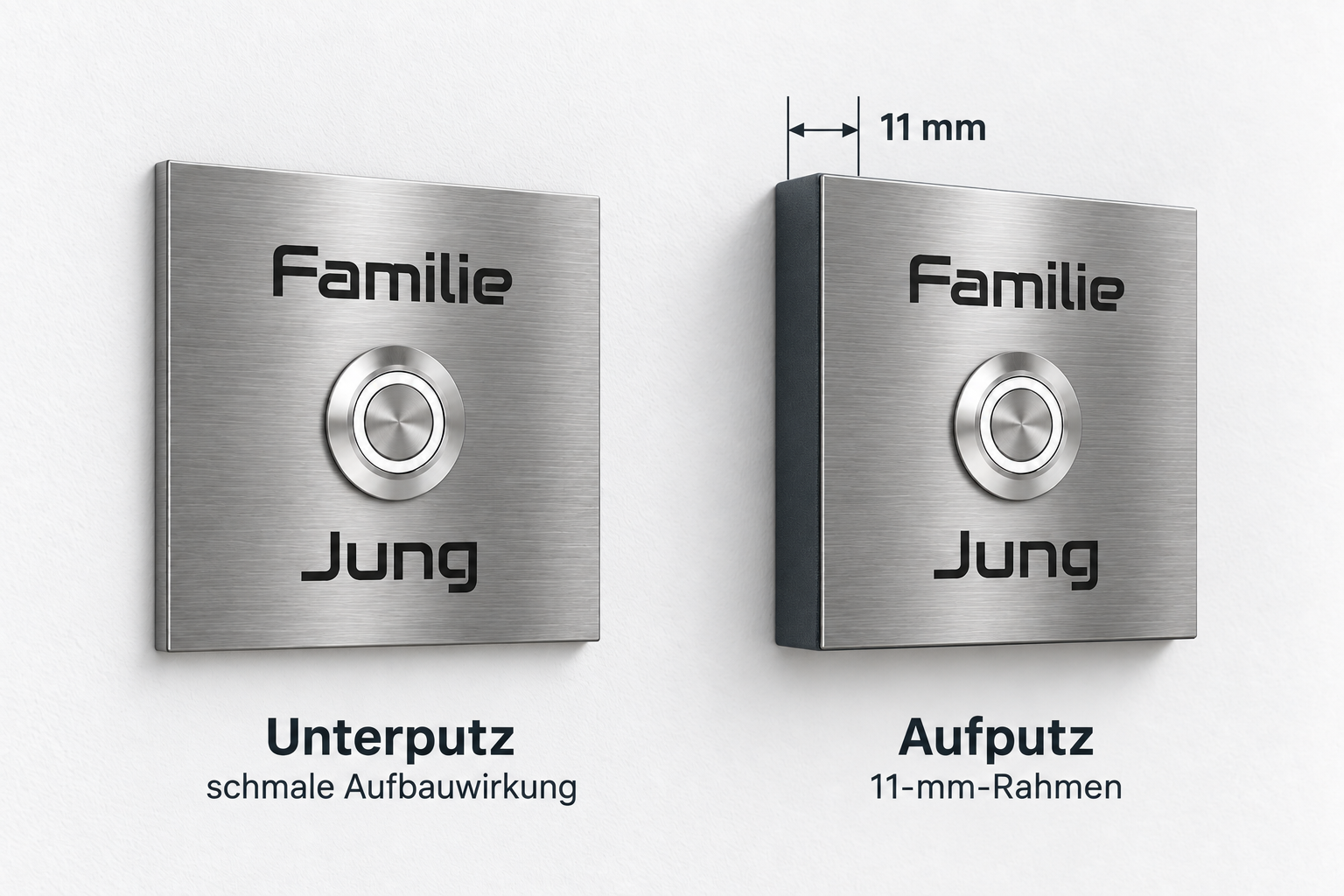 Türklingel Bochum Unterputz und Aufputz mit bündigem 11-mm-Rahmen im Vergleich