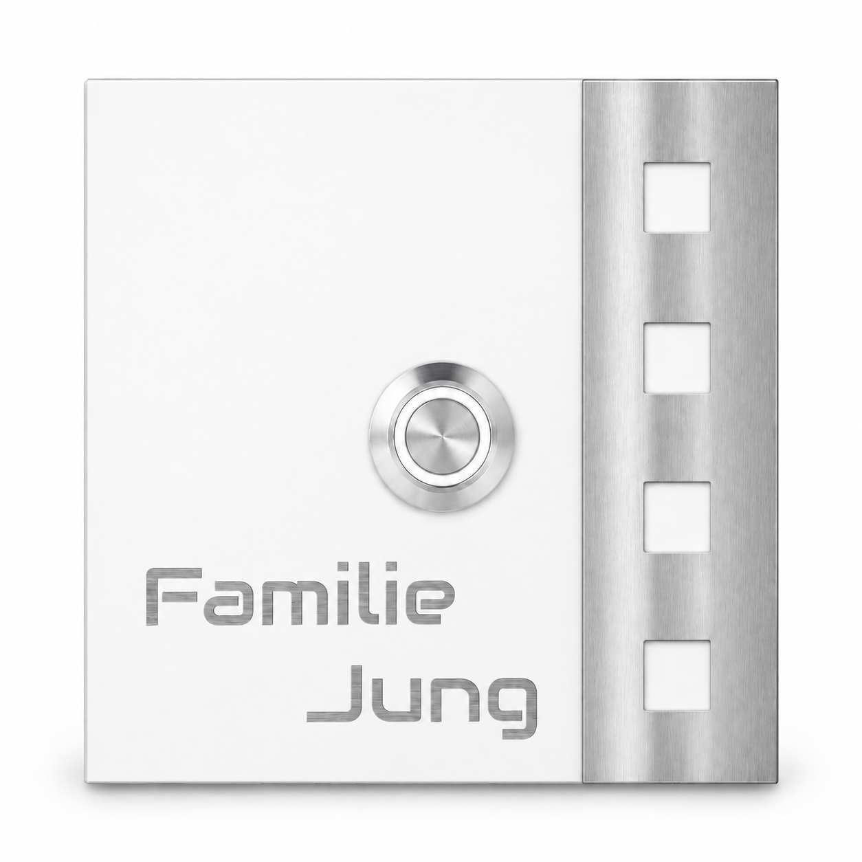 Türklingel Chicago 10 × 10 cm in Weiß RAL 9016 mit Lasergravur