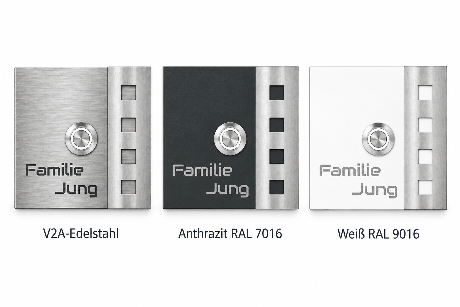 Türklingel Chicago in V2A-Edelstahl, Anthrazit RAL 7016 und Weiß RAL 9016