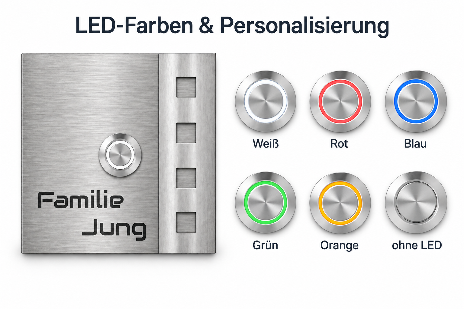 Türklingel Chicago mit LED-Farben Weiß, Rot, Blau, Grün, Orange und rundem Taster ohne LED