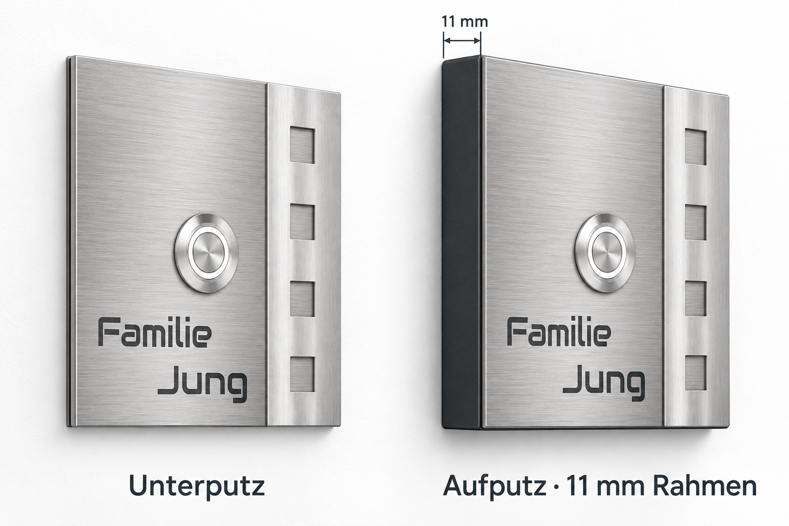 Türklingel Chicago Unterputz und Aufputz mit bündigem 11-mm-Rahmen im Vergleich