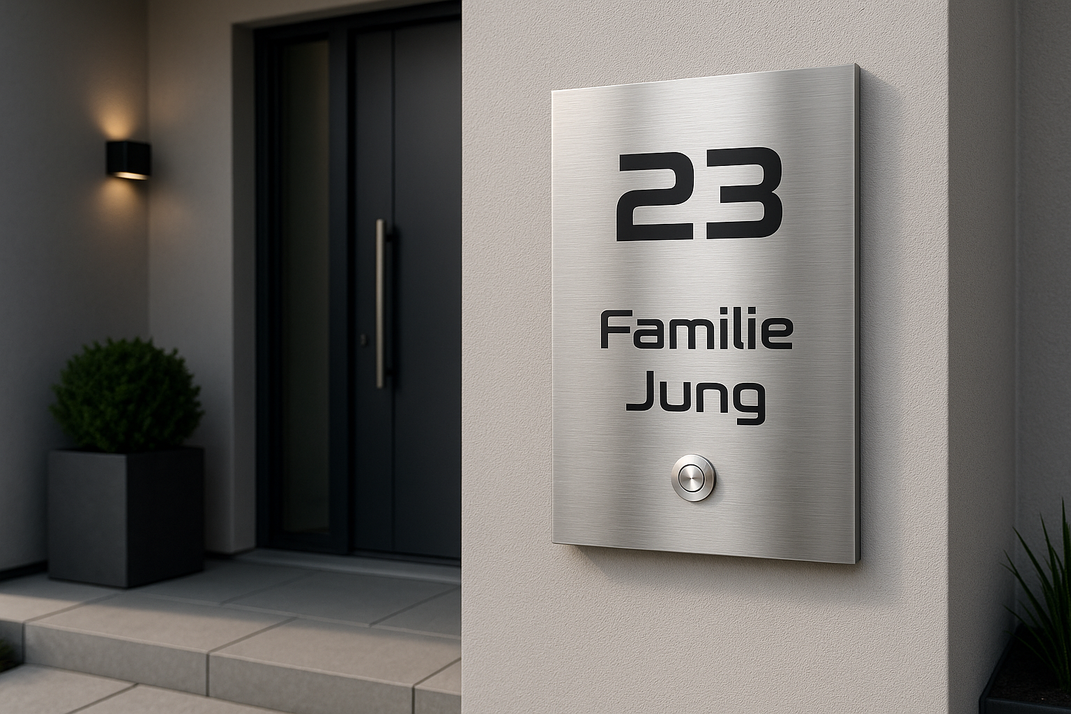 Exklusive Türklingel aus gebürstetem Edelstahl mit Gravur „23 Familie Jung“ und rundem LED-Taster, montiert neben moderner Haustür mit Wandbeleuchtung und Pflanzkübel.