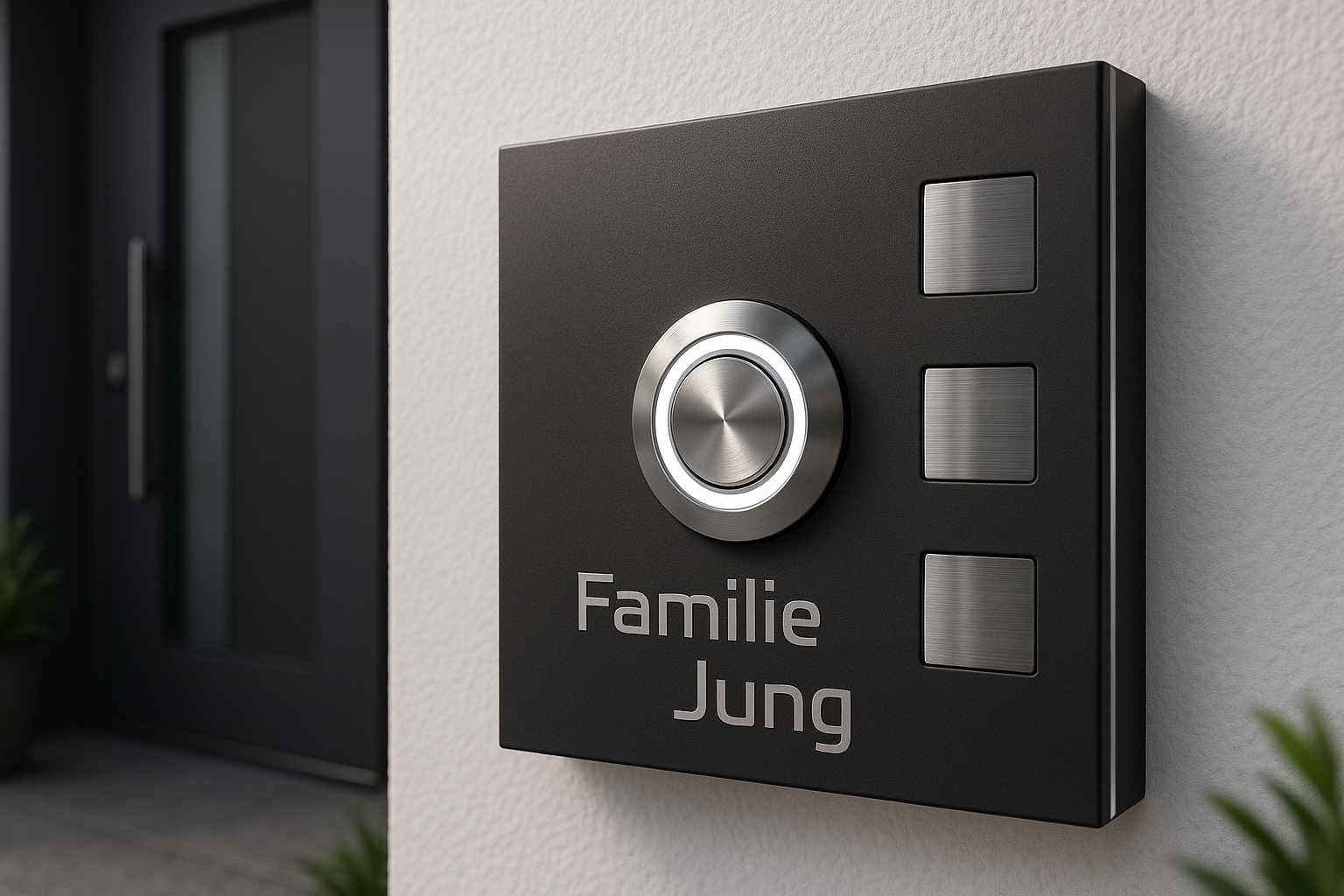 Moderne Edelstahl Türklingel Köln in Anthrazit mit Gravur Familie Jung, LED-Taster und drei Edelstahl-Quadraten, montiert am Hauseingang