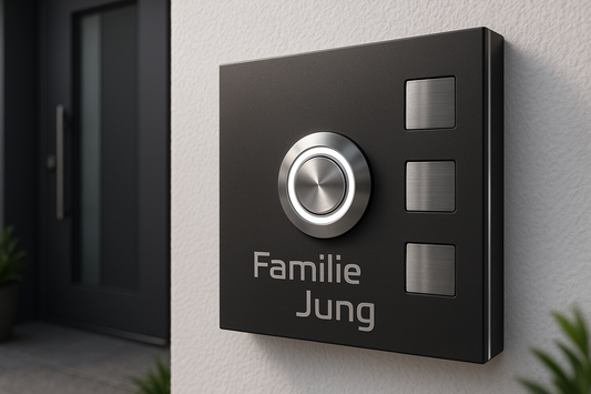 Moderne Edelstahl Türklingel Köln in Anthrazit mit Gravur Familie Jung, LED-Taster und drei Edelstahl-Quadraten, montiert am Hauseingang