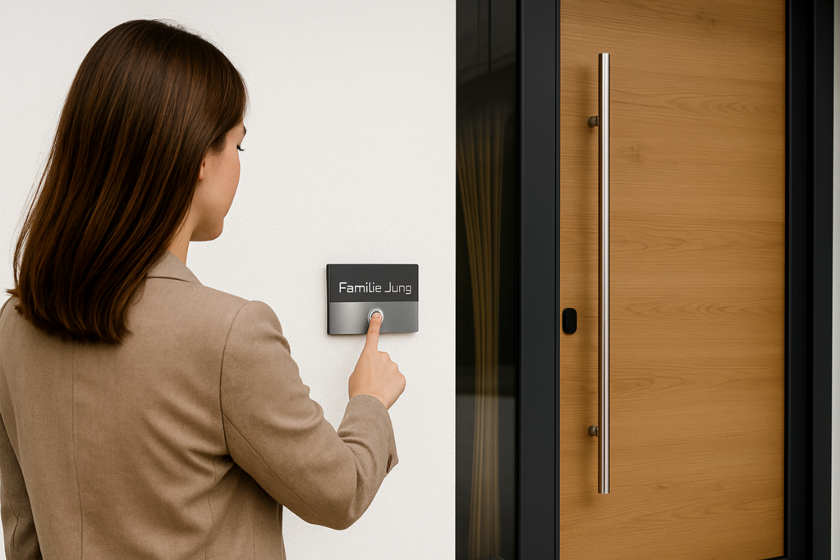 Frau drückt auf Türklingel Liverpool an moderner Haustür