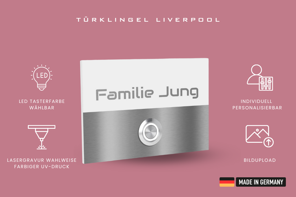 Türklingel Liverpool in Weiß – LED wählbar, Gravur, Bildupload, Made in Germany
