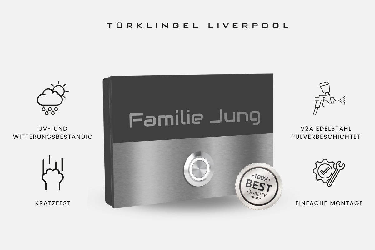 Türklingel Liverpool mit Icons: UV-beständig, kratzfest, einfache Montage, V2A Edelstahl