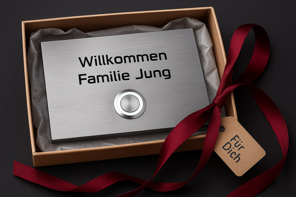 Türklingel Modell London aus Edelstahl, 120 × 80 mm, mit Gravur „Willkommen Familie Jung“ und weißem LED-Ring, edel präsentiert in Geschenkbox mit burgunderrotem Satinband.