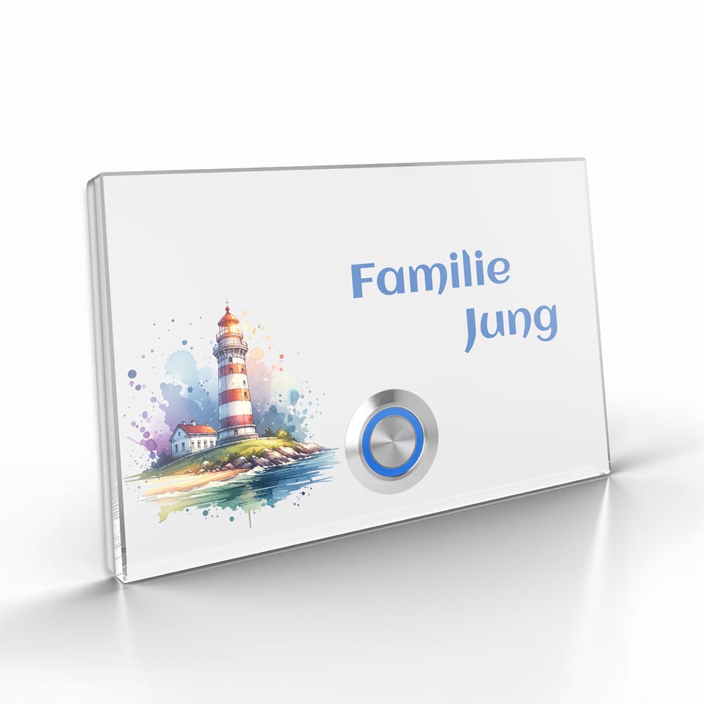 Moderne Edelstahl-Türklingel Modell „London“ mit maritimem Leuchtturm-Motiv auf weißem Hintergrund, personalisierbar mit Namen, UV-Druck auf Acryl-Edelstahl-Kombination, wetterfest und stilvoll.
