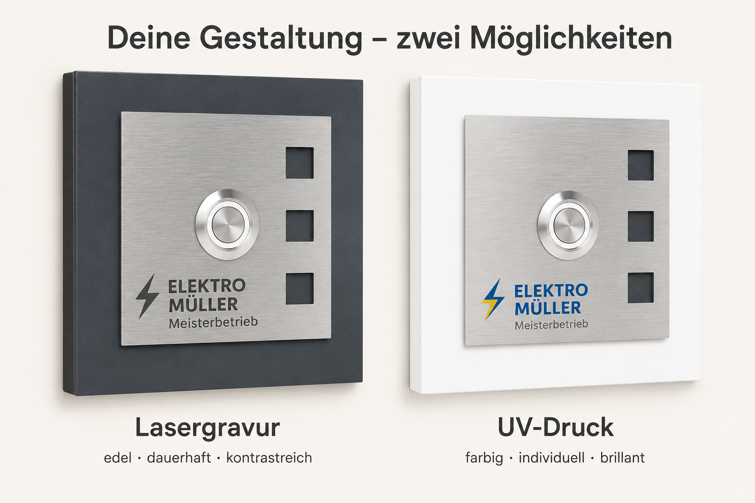 Vergleich von Lasergravur und farbigem UV-Druck auf der personalisierten Türklingel Manhattan
