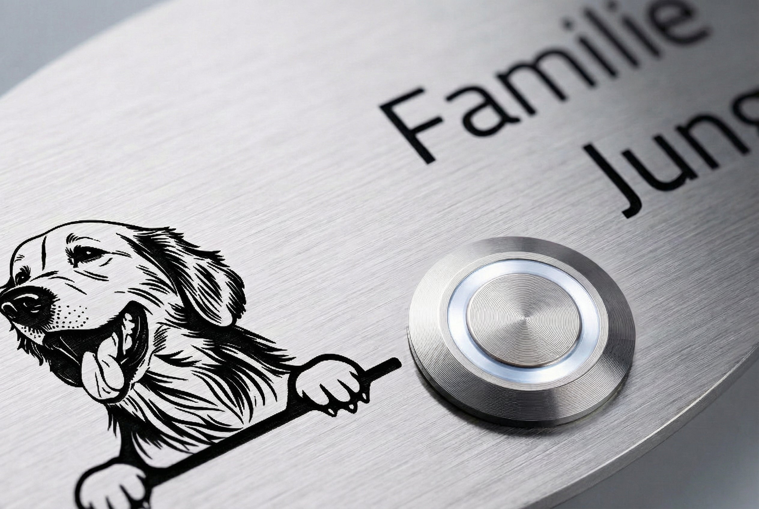 Detailaufnahme der Türklingel „Rom“ aus Edelstahl mit LED-Taster, Hundemotiv und Beschriftung „Familie Jung“.
