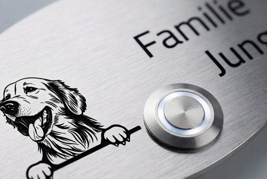 Detailaufnahme der Türklingel „Rom“ aus Edelstahl mit LED-Taster, Hundemotiv und Beschriftung „Familie Jung“.