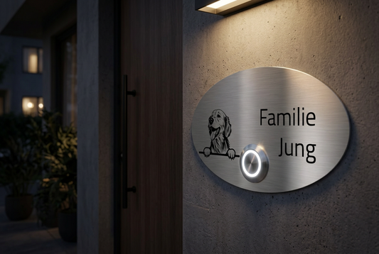 Türklingel „Rom“ aus Edelstahl mit LED-Taster, Hundemotiv und Beschriftung „Familie Jung“ am Hauseingang bei Abendbeleuchtung.