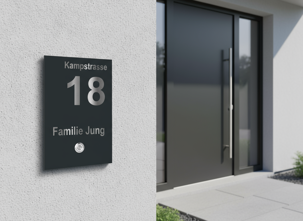 Türklingel Tokio in Anthrazit mit Gravur „Kampstrasse 18 Familie Jung“ und LED-Taster, montiert an heller Hauswand neben moderner Haustür mit Edelstahlgriff.