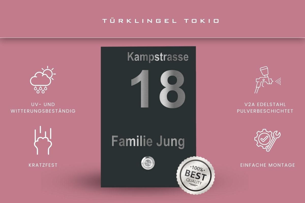 Türklingel Tokio aus pulverbeschichtetem V2A Edelstahl mit Gravur „Kampstrasse 18 Familie Jung“, kratzfest, wetterbeständig und leicht zu montieren.