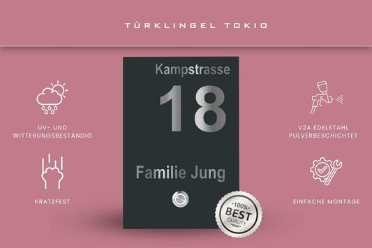 Türklingel Tokio aus pulverbeschichtetem V2A Edelstahl mit Gravur „Kampstrasse 18 Familie Jung“, kratzfest, wetterbeständig und leicht zu montieren.