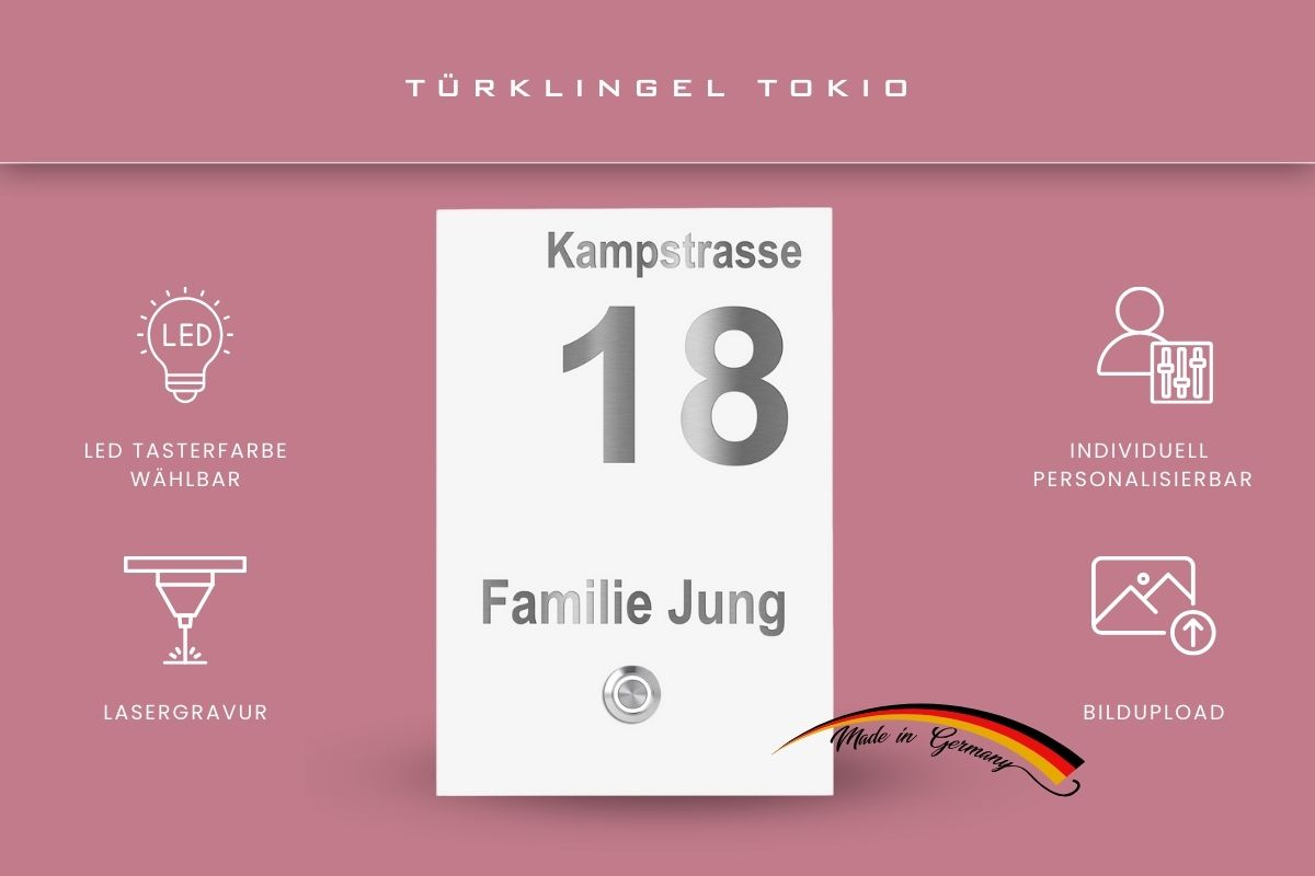 Türklingel Tokio in Weiß mit Gravur „Kampstrasse 18 Familie Jung“, wählbarer LED-Tasterfarbe, Lasergravur, individuell personalisierbar, wetterfest, Made in Germany.