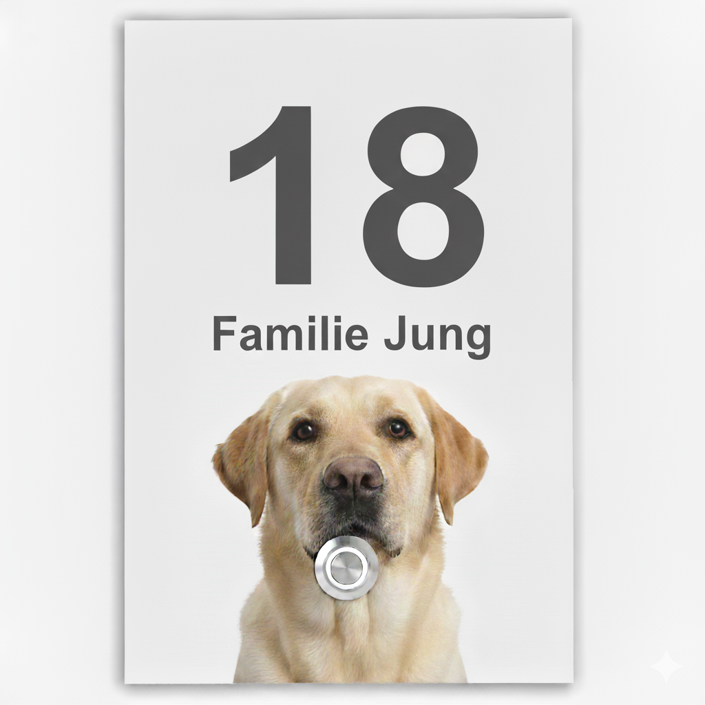 Türklingel mit UV-Druck, Hausnummer 18 und Aufschrift „Familie Jung“, Motiv Labrador-Hund, weißer Hintergrund, modern, wetterfest und personalisierbar.