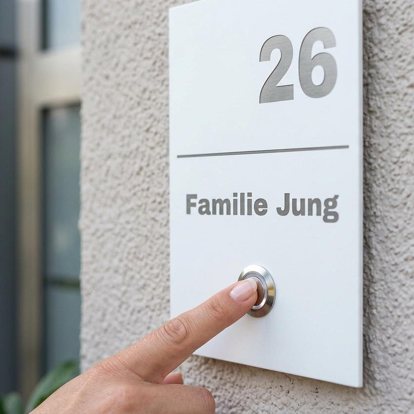 Hand drückt eine weiße Edelstahl-Türklingel mit Hausnummer „26“ und Namensgravur „Familie Jung“ an der Hauswand.