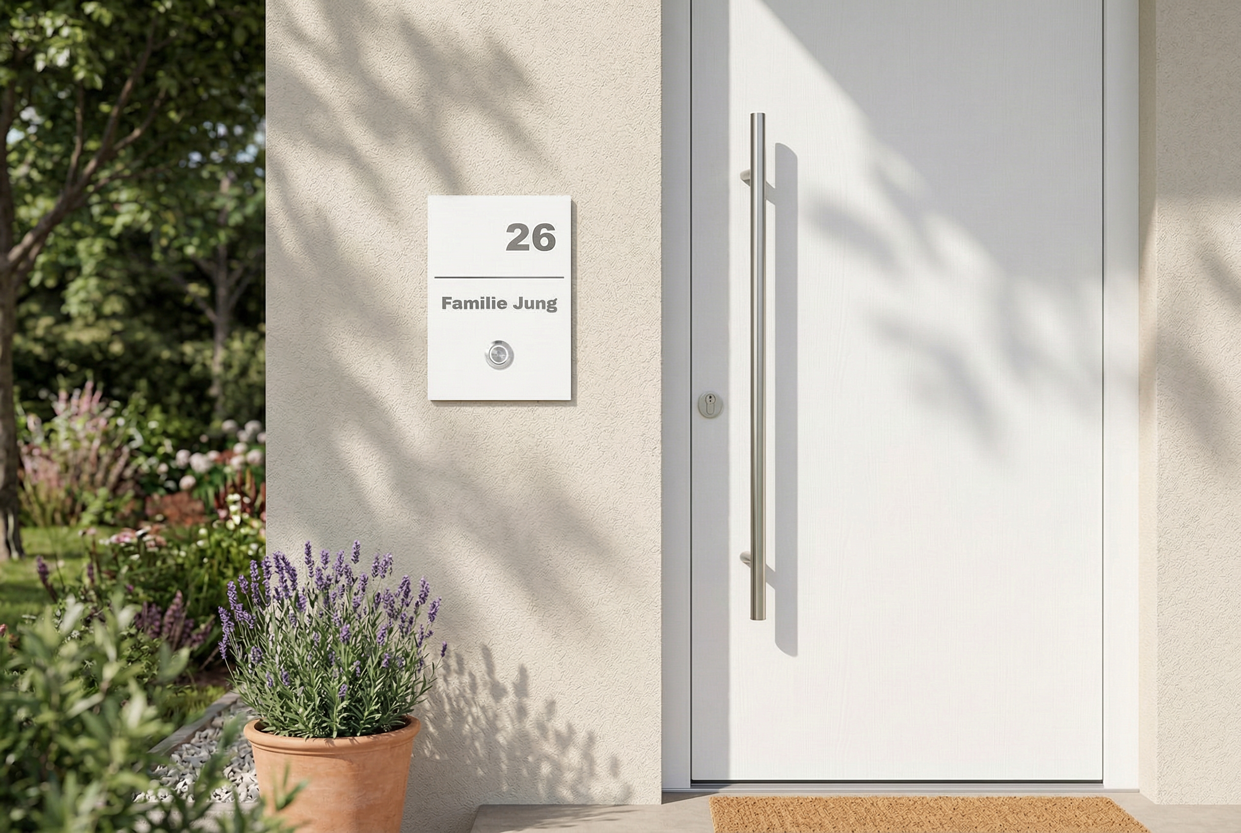 Weiße Edelstahl-Türklingel mit Hausnummer „26“ und Namensgravur „Familie Jung“ am modernen Hauseingang bei Tageslicht.
