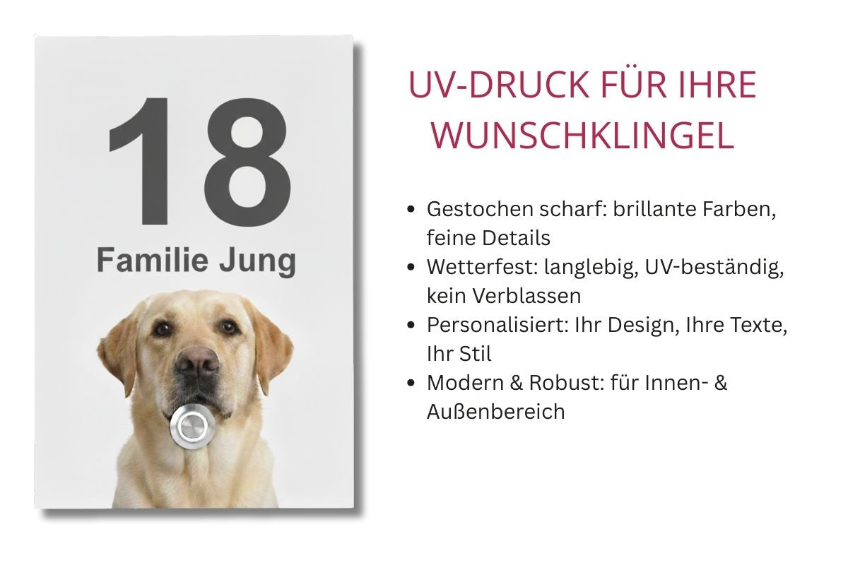 Individuelle Türklingel mit UV-Druck: Hausnummer 18, Aufschrift „Familie Jung“ und Hundemotiv, wetterfest, UV-beständig, personalisierbar für Innen- und Außenbereich.
